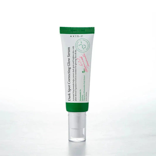 AXIS-Y Dark Spot Correcting Glow Serum 50 ml bottle with dropper, designed to reduce dark spots and enhance skin glow.
