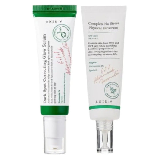 AXIS Y Dark Spot Correcting Glow Serum and No Stress Physical Sunscreen set with serum bottle and sunscreen tubes, skincare products.