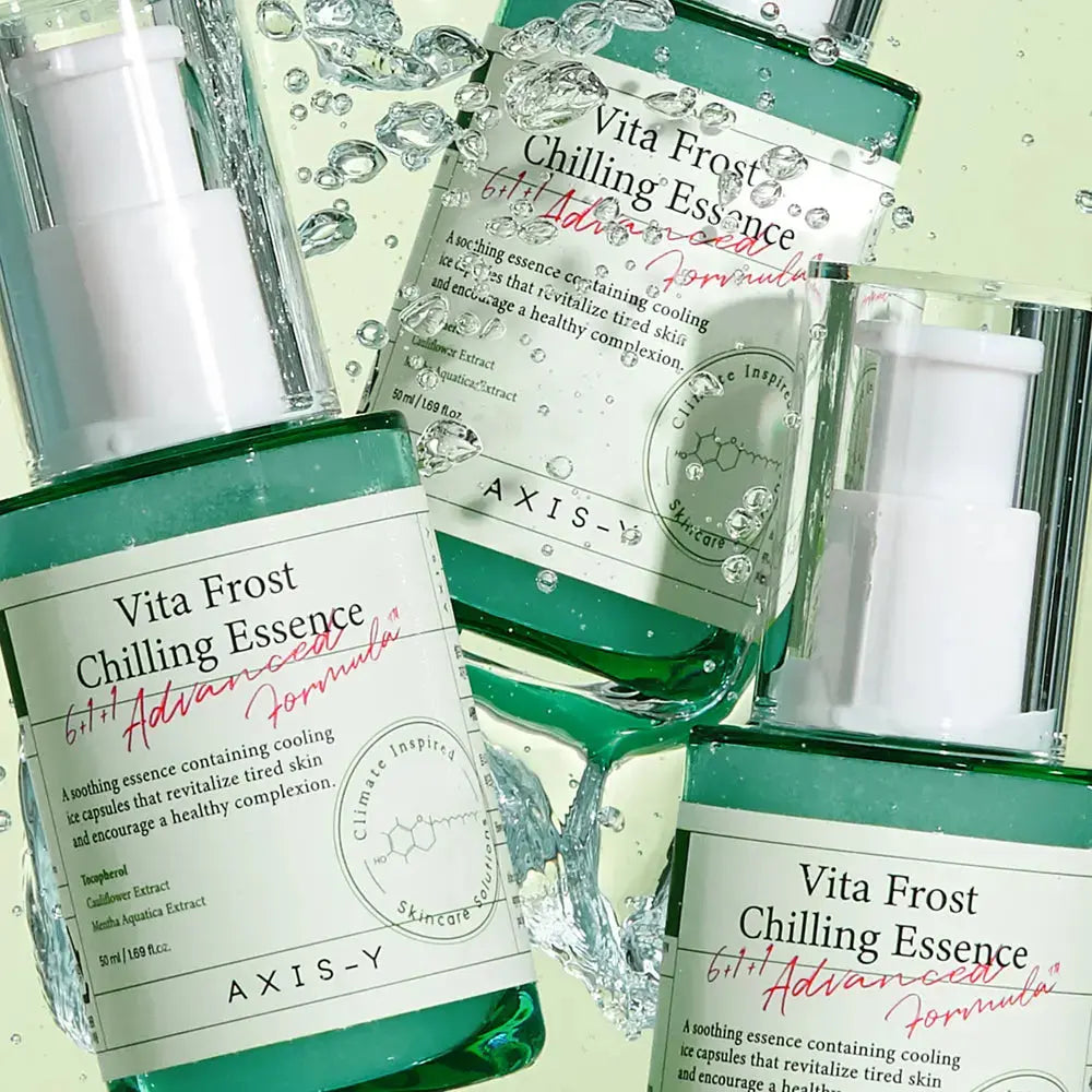 AXIS-Y Vita Frost Chilling Essence in a 50 ml bottle, featuring clear liquid and minimalist packaging design for skincare.