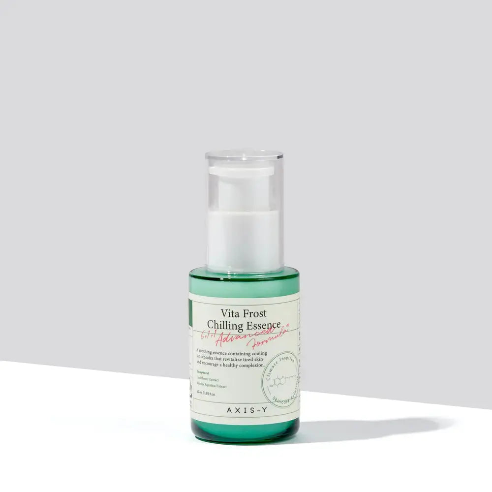 AXIS-Y Vita Frost Chilling Essence 50ml bottle with clear label and silver cap, designed for cooling and hydrating skin.