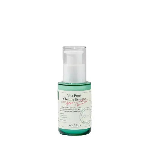 AXIS-Y Vita Frost Chilling Essence 50ml bottle, clear glass packaging with white and blue label, skincare product for cooling hydration