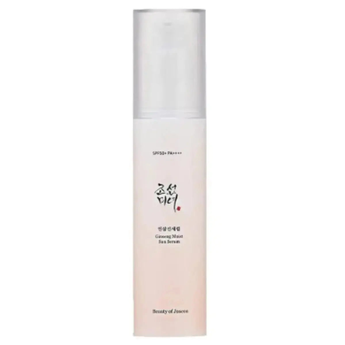 Beauty of Joseon Ginseng Moist Sun Serum 50ml in a clear bottle, showing the light-colored serum and sun protection label.
