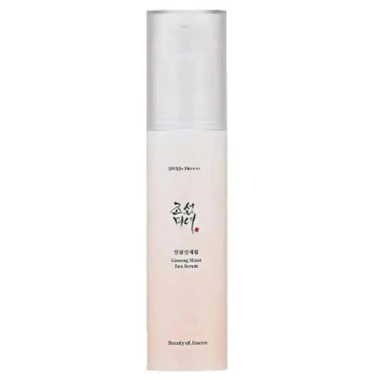 Beauty of Joseon Ginseng Moist Sun Serum 50ml in a clear bottle, showing the light-colored serum and sun protection label.
