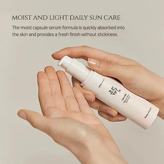 Beauty of Joseon Ginseng Moist Sun Serum 50ml in a clear bottle, featuring a pump dispenser and a minimalist label.