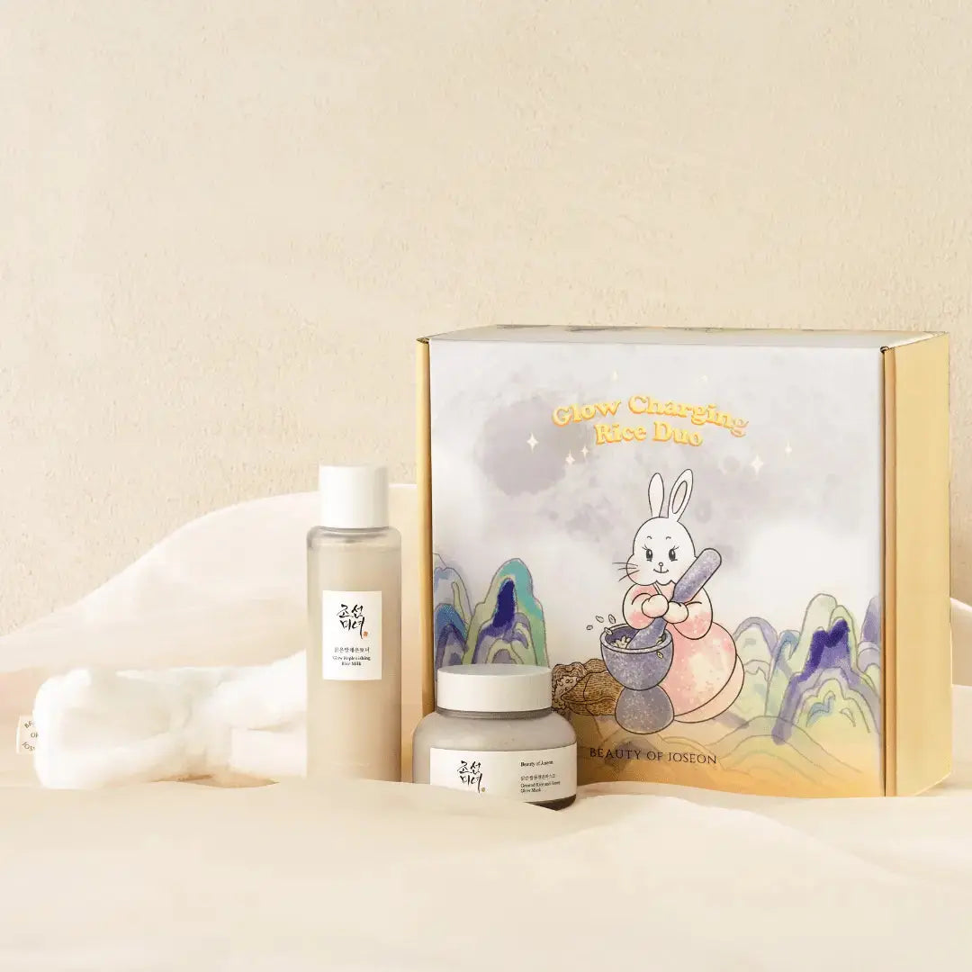 Beauty of Joseon Glow Charging Rice Duo Kit featuring skincare products in elegant packaging for radiant skin.