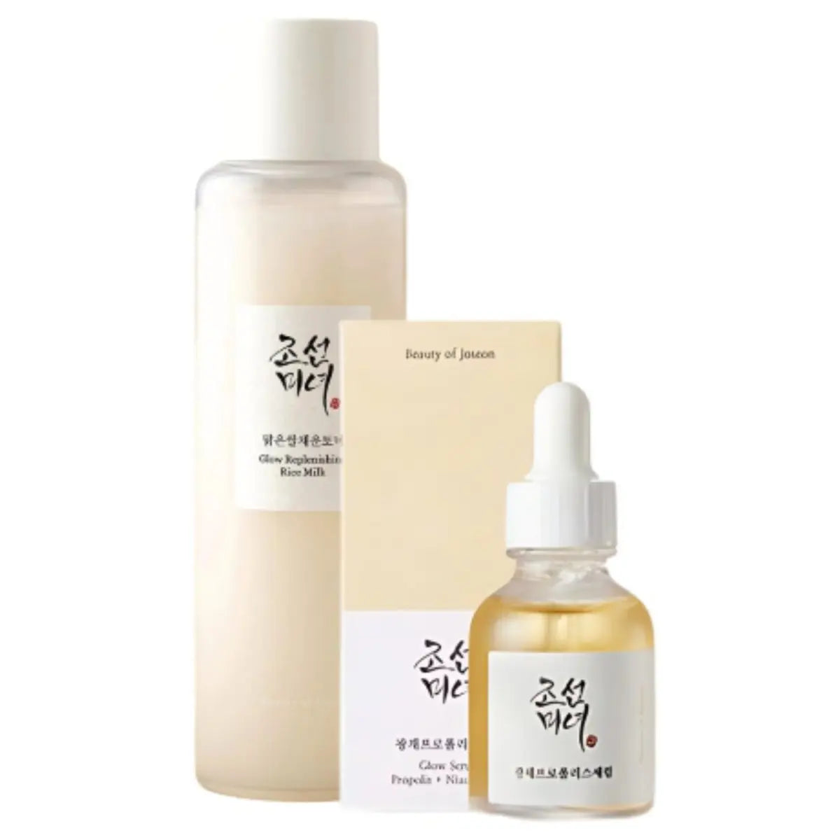 BEAUTY OF JOSEON Glow Replenishing Rice Milk Toner and Serum set with Propolis and Niacinamide, featuring bottles and packaging.