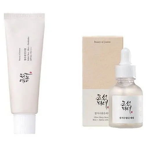 Beauty of Joseon Glowing Set sunblock with SPF, featuring a lightweight, hydrating formula and elegant packaging.