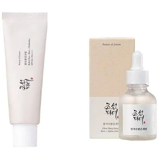 Beauty of Joseon Glowing Set sunblock with SPF, featuring a lightweight, hydrating formula in sleek packaging.
