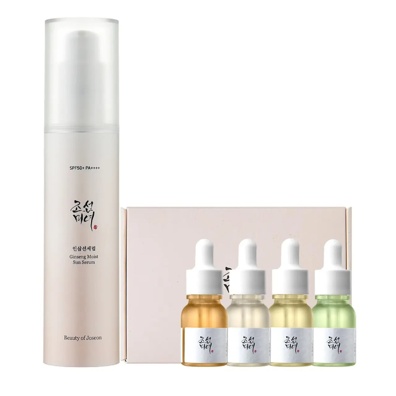 Beauty of Joseon Hanbang Serum Discovery Kit and Ginseng Moist Sun Serum set, featuring skincare products in attractive packaging