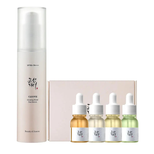 Beauty of Joseon Hanbang Serum Discovery Kit and Ginseng Moist Sun Serum set, featuring skincare products in attractive packaging