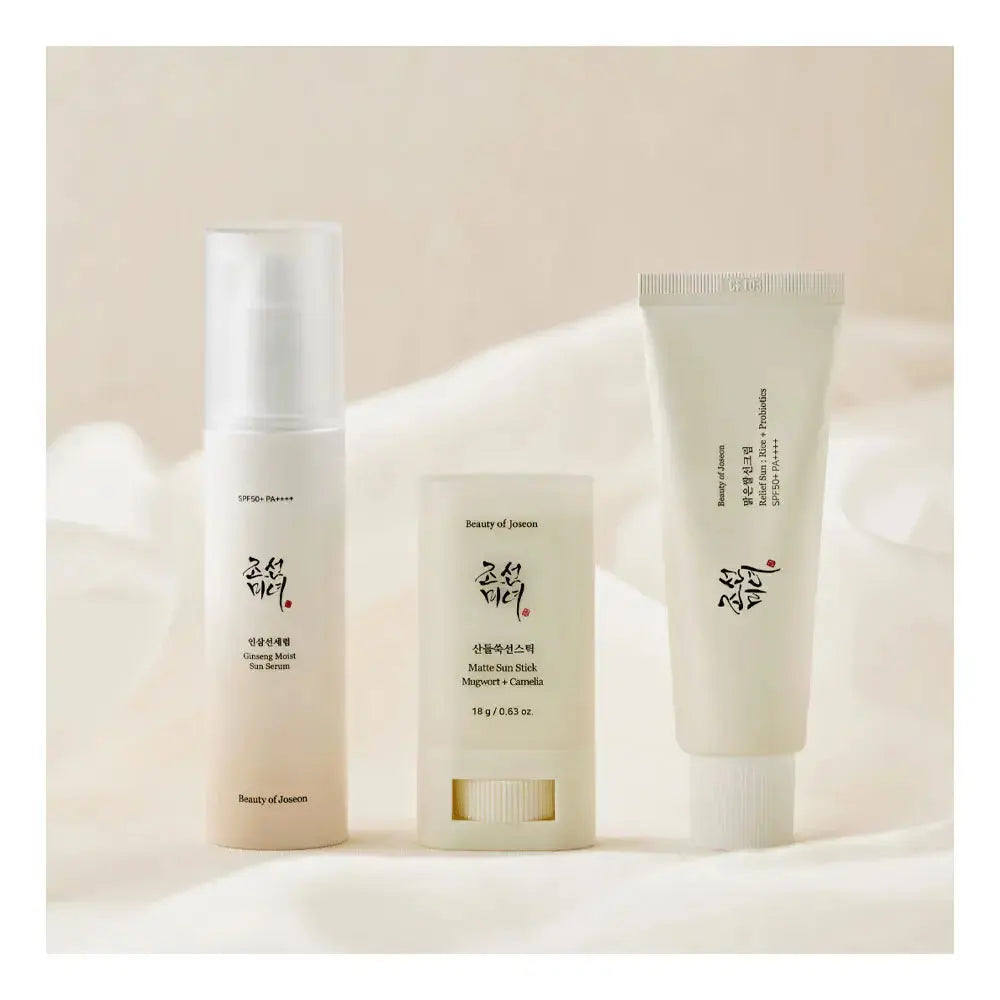 Beauty Of Joseon Perfect Hanbang Sun Trio with relief sun, matte sun stick, and sun serum for skincare protection and sun defense.