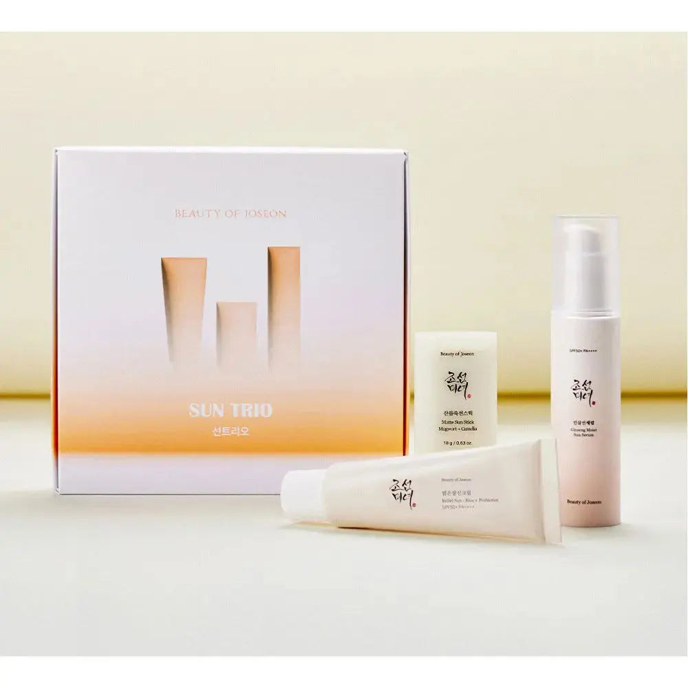 Beauty of Joseon Perfect Hanbang Sun Trio with Relief Sun, Matte Sun Stick, and Sun Serum showing the skincare products and packaging.