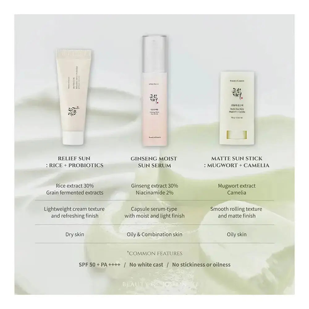 Beauty of Joseon Perfect Hanbang Sun Trio with relief sun, matte sun stick, and sun serum showing the skincare products.
