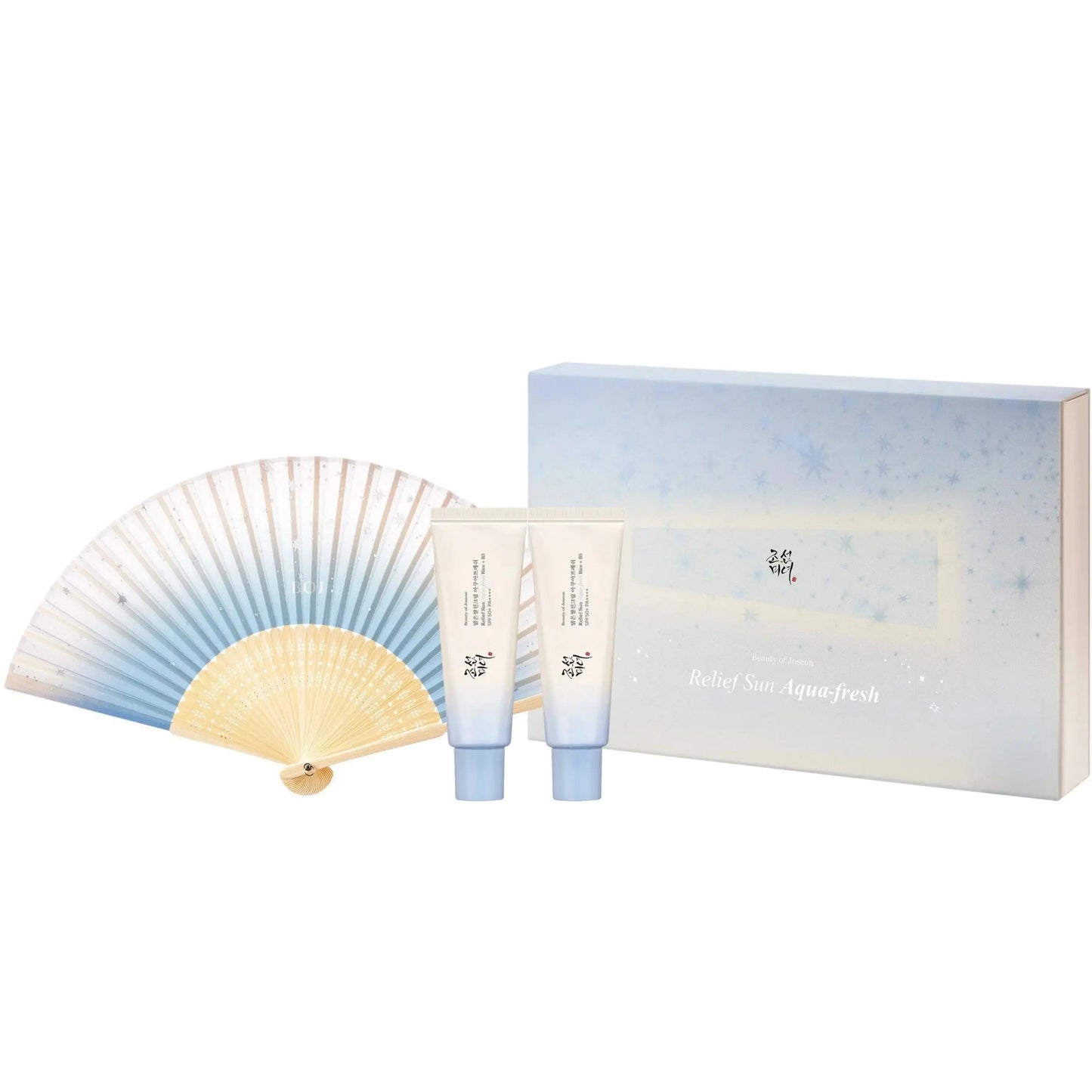 Beauty of Joseon Relief Sun Aqua Fresh Kit with sunscreen bottles and skincare products, natural and hydrating for sun protection.