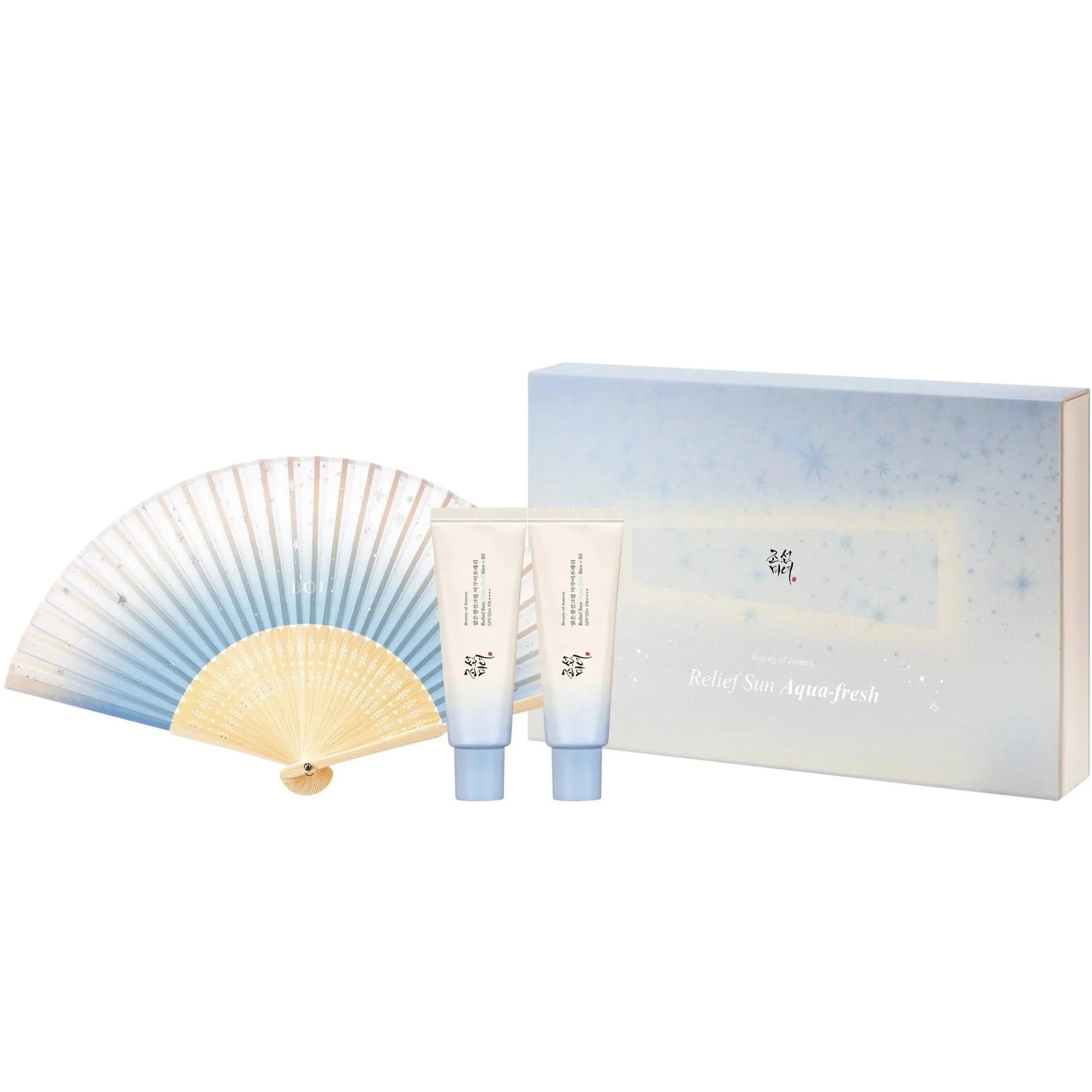 Beauty of Joseon Relief Sun Aqua Fresh Kit with sunscreen bottles and skincare products, natural and hydrating for sun protection.