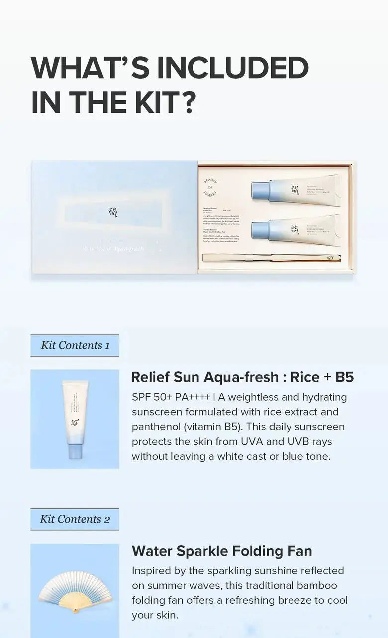 Beauty of Joseon Relief Sun Aqua Fresh Kit with Sunscreen, featuring lightweight, hydrating sun protection in a skincare set.