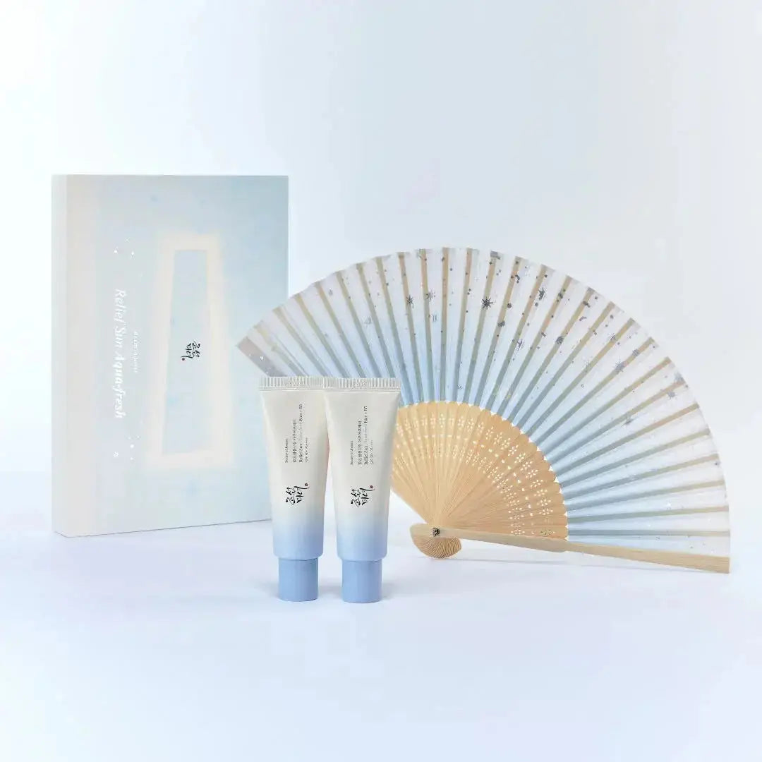 Beauty of Joseon Relief Sun Aqua Fresh Kit with sunscreen bottles, featuring lightweight, hydrating sun protection for the skin.
