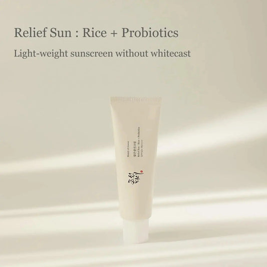 Beauty of Joseon Relief Sun Rice + Probiotics SPF 50 ml skincare bottle showing the product label and packaging.