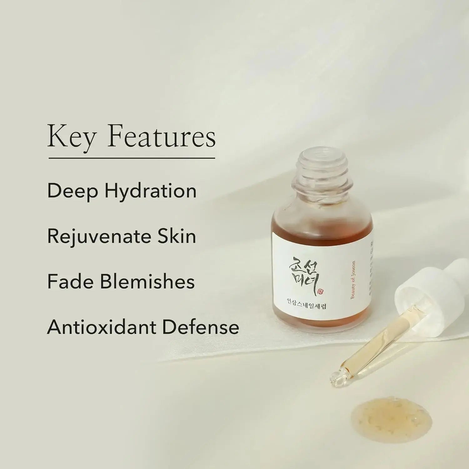 Beauty of Joseon Revive Serum with ginseng and snail mucin in a 30 ml bottle, showcasing the serum's clear, smooth texture and packaging.
