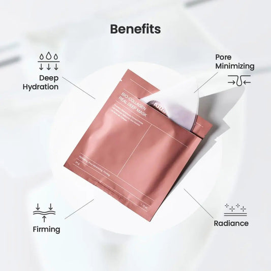 BIODANCE Bio Collagen Real Deep Mask 34g applies on face, showcasing a skincare mask for deep hydration and collagen renewal.