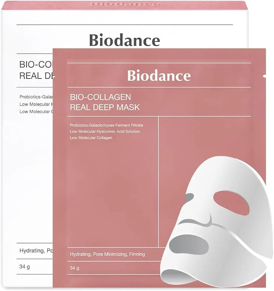 BIODANCE Bio Collagen Real Deep Mask 34g application on clean, hydrated skin, showcasing the mask's soothing and rejuvenating texture.