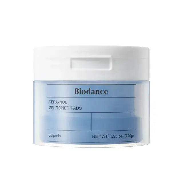 BIODANCE Cera-nol Gel Toner Pads, 60 soft pads for facial cleansing and skincare, displayed in a container.