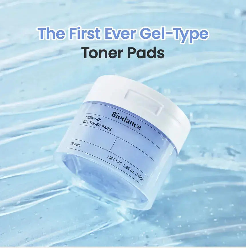 BIODANCE Cera-nol Gel Toner Pads, 60 soft pads for facial skin cleansing and toning, in a resealable package