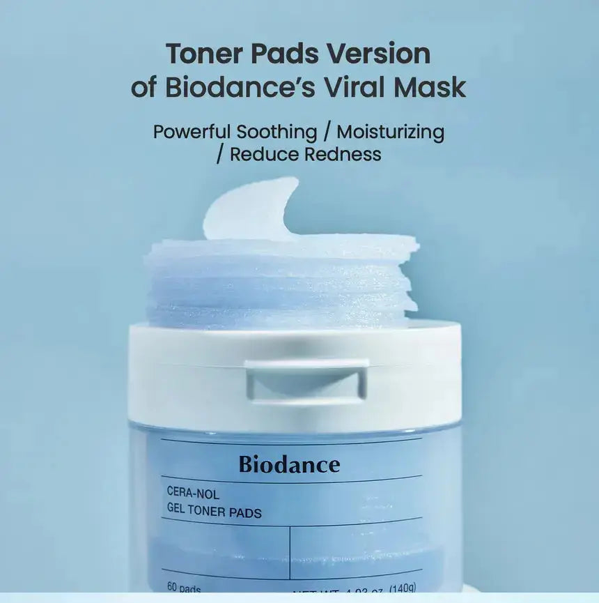 BIODANCE Cera-nol Gel Toner Pads, 60 soft cotton pads for facial skincare, designed to tone and refresh the skin.