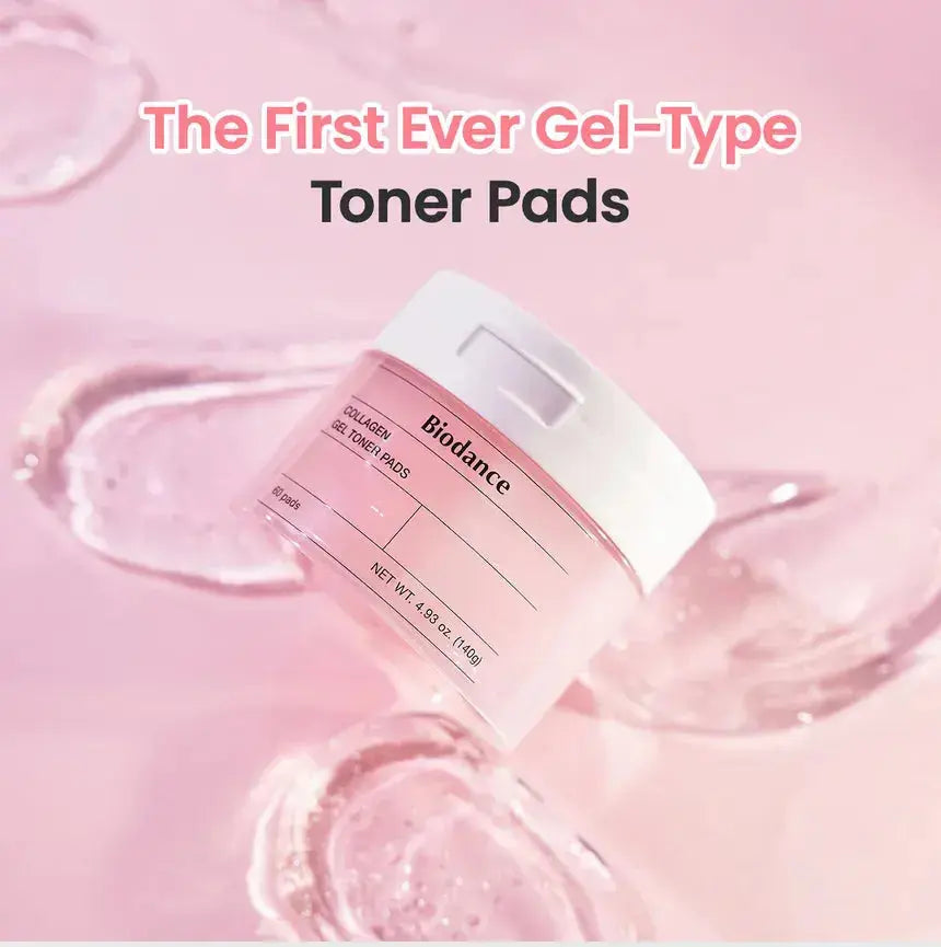 BIODANCE Collagen Gel Toner Pads, 60 soft cotton pads infused with collagen for skincare, shown in a close-up image.