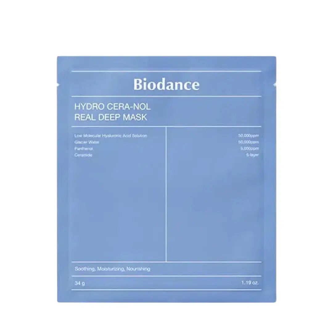 BIODANCE Hydro Cera-nol Real Deep Mask 4-pack, 34g each, skincare treatment with hydrating and nourishing ingredients in a skincare pack.