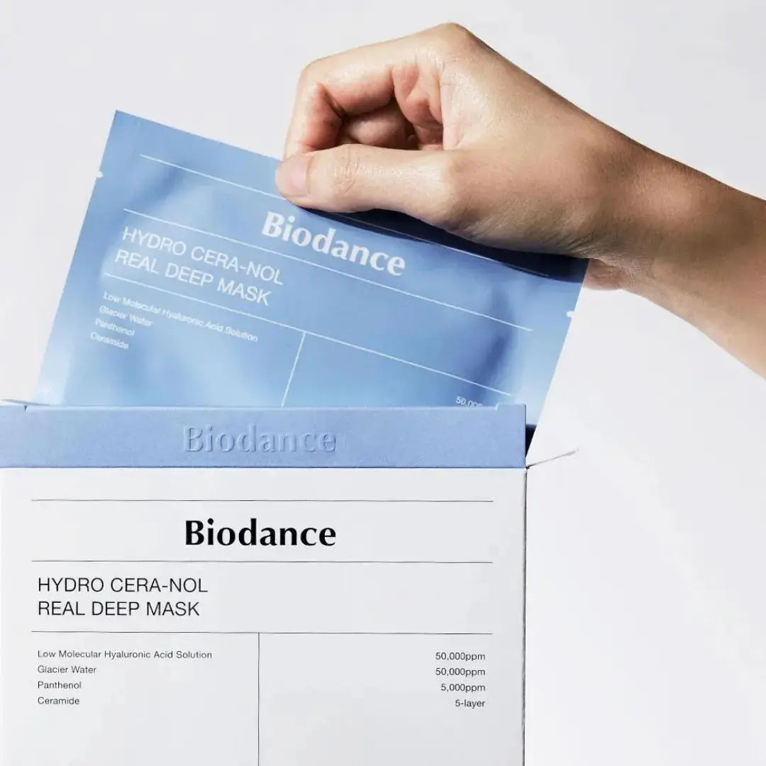 BIODANCE Hydro Cera-nol Real Deep Mask pack with 4 sheets for intense skin hydration and nourishing care.