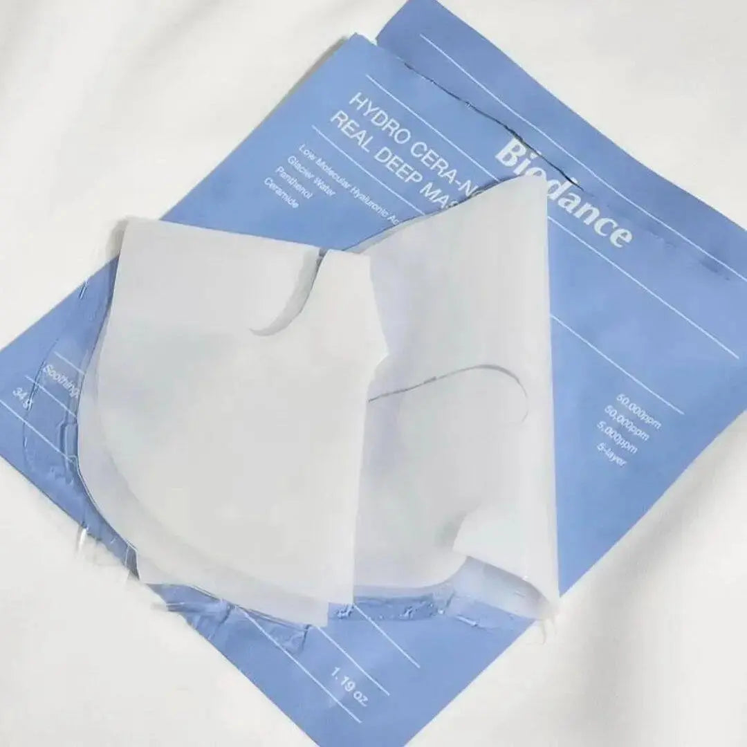 BIODANCE Hydro Cera-nol Real Deep Mask pack with 4 sheets, 34g each, designed for deep hydration and skin nourishment.