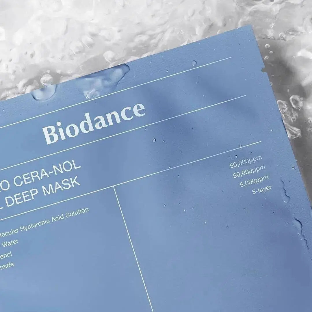 Biodance Hydro Cera-nol Real Deep Mask pack with 4 sheets for intense hydration and skin nourishment, 34 grams each.