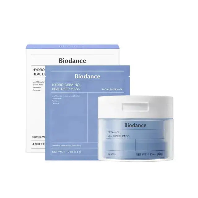 BIODANCE Hydro Cera-nol Real Deep Mask set with Cera-nol gel toner pads, skincare products for deep hydration and skin renewal