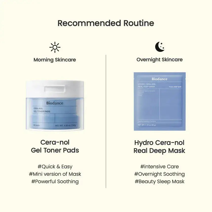 BIODANCE Hydro Cera-nol Real Deep Mask set with Cera-nol gel toner pads, hydrating skincare for deep moisture and skin renewal