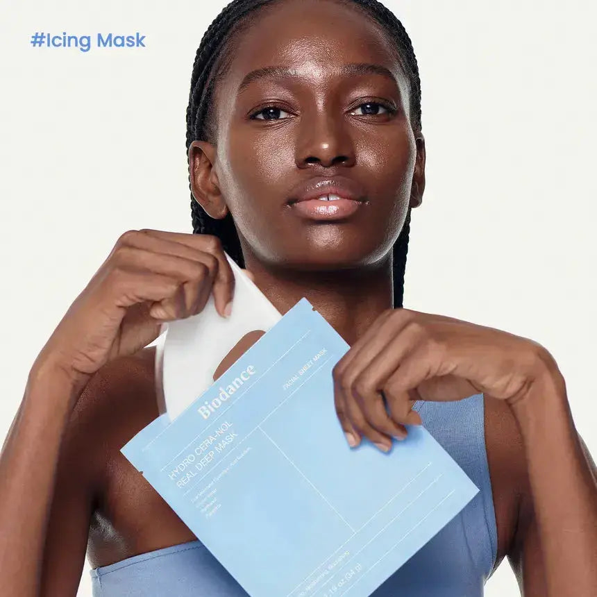 BIODANCE Hydro Cera-nol Real Deep Mask set with Cera-nol gel toner pads, hydrating and soothing skincare products.