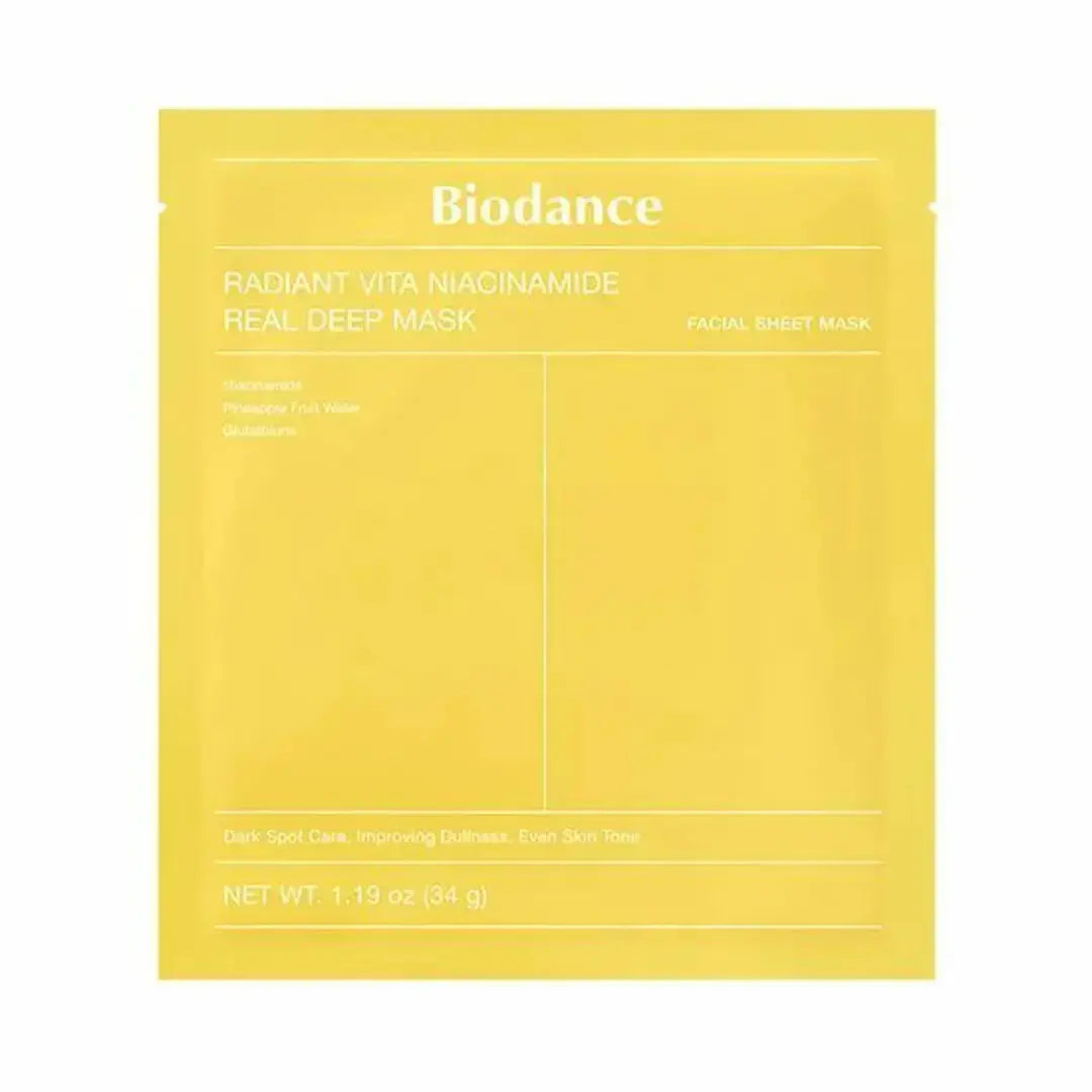 Biodance Radiant Vita Niacinamide Real Deep Mask pack with four 34g masks for brightening and deep hydration.