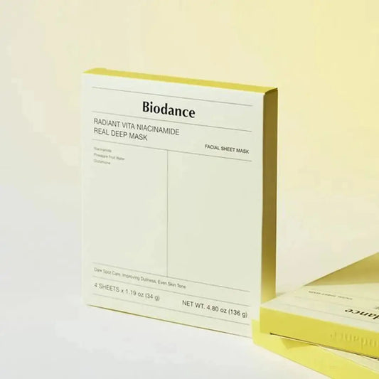 BIODANCE Radiant Vita Niacinamide Deep Mask pack with four 34g masks for brightening and skin hydration.