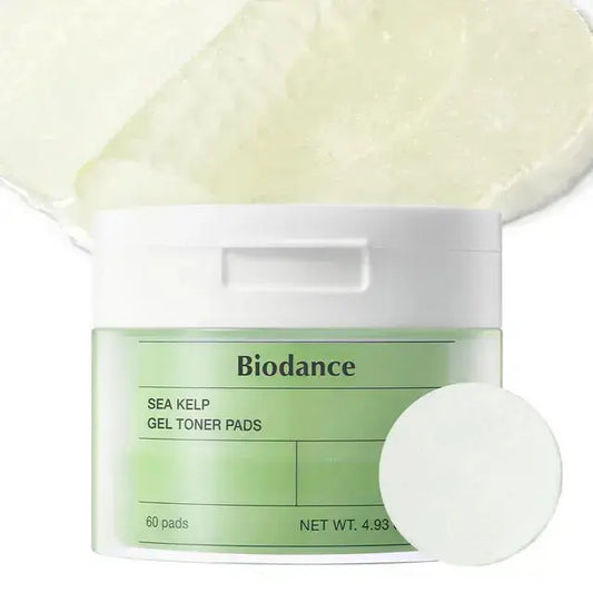 BIODANCE Sea Kelp Gel Toner Pads, set of 60, showing the round skincare pads with sea kelp extract for refreshing skin.