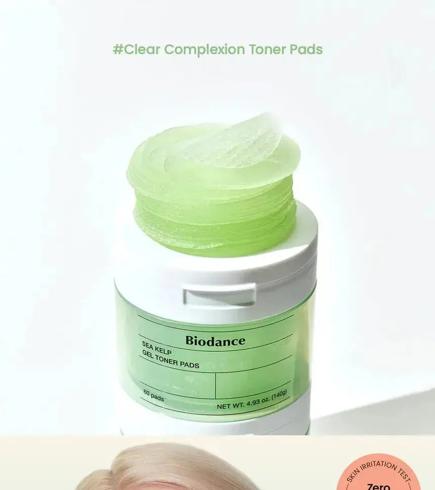 BIODANCE Sea Kelp Gel Toner Pads, 60 soft exfoliating pads with natural sea kelp for refreshing skincare.