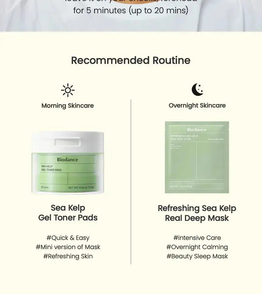 BIODANCE Sea Kelp Gel Toner Pads, 60 soft pads for facial cleansing and toning, containing nourishing sea kelp extract.