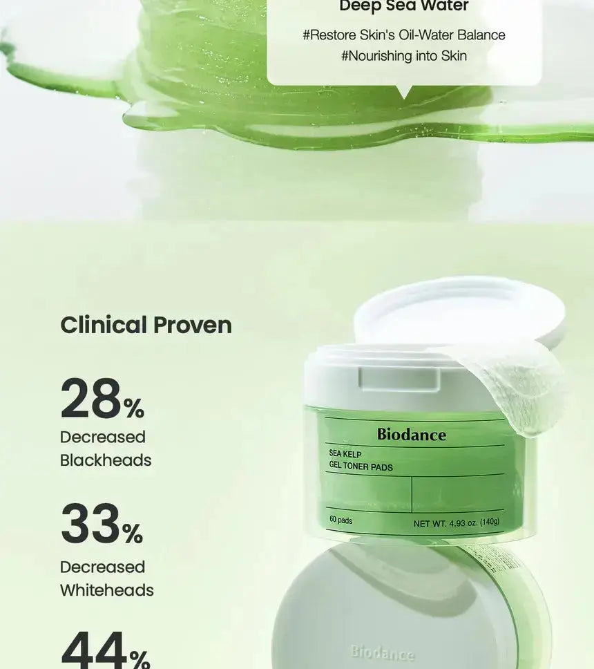 BIODANCE Sea Kelp Gel Toner Pads, 60 soft pads for gentle facial cleansing and toning with natural sea kelp extract.
