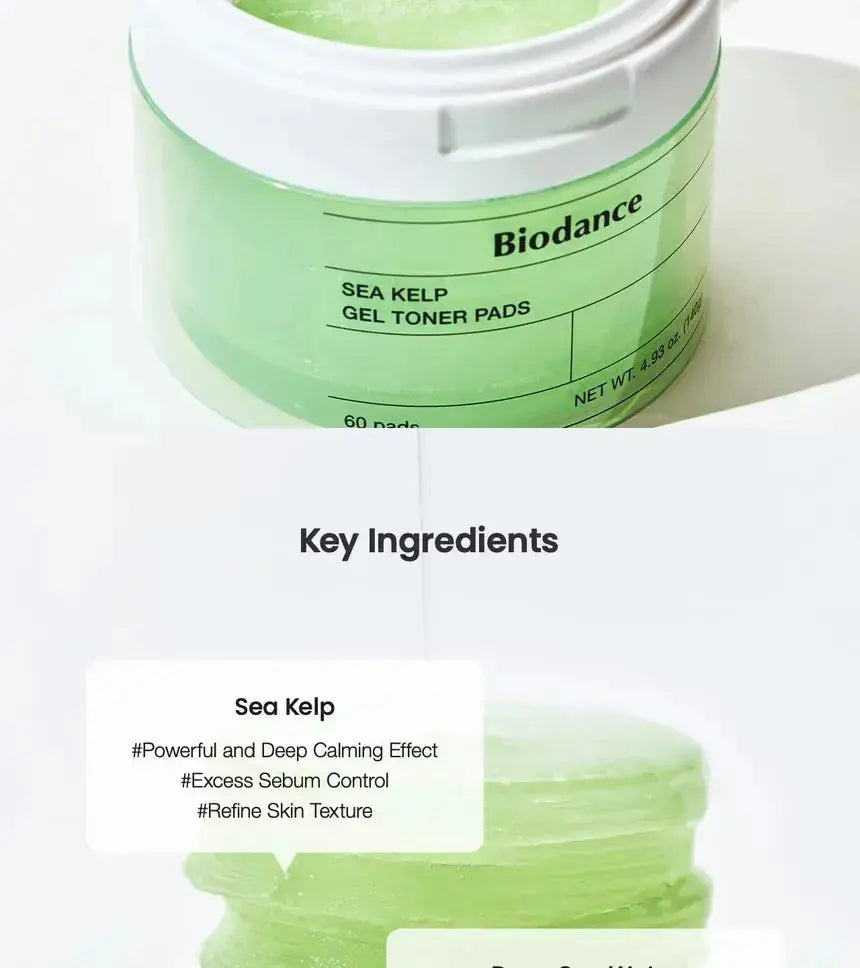 BIODANCE Sea Kelp Gel Toner Pads, 60 soft cotton pads infused with sea kelp for gentle facial cleansing and toning.