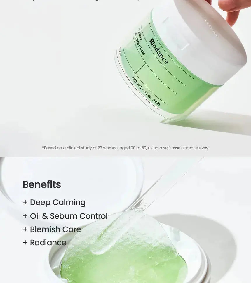 BIODANCE Sea Kelp Gel Toner Pads, 60 soft pads for refreshing and toning skin with natural sea kelp extract.
