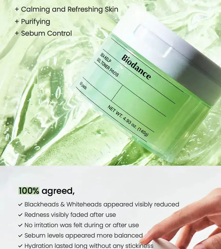 BIODANCE Sea Kelp Gel Toner Pads with 60 soft, textured pads for gentle facial cleansing and toning.