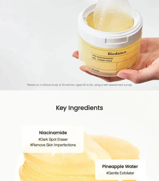 BIODANCE Vita Niacinamide Gel Toner Pads, 60 soft cotton pads with niacinamide for skin brightening and hydration.