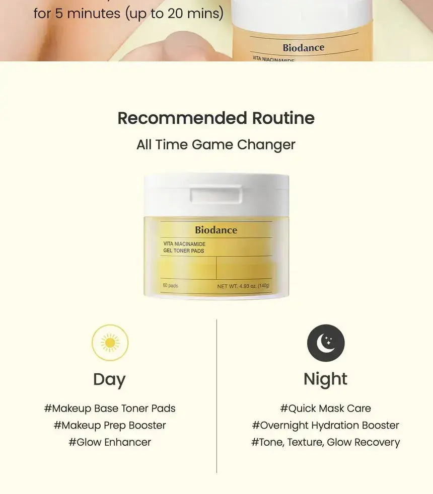 BIODANCE Vita Niacinamide Gel Toner Pads in a jar, 60 soothing skincare pads for brightening and hydration.