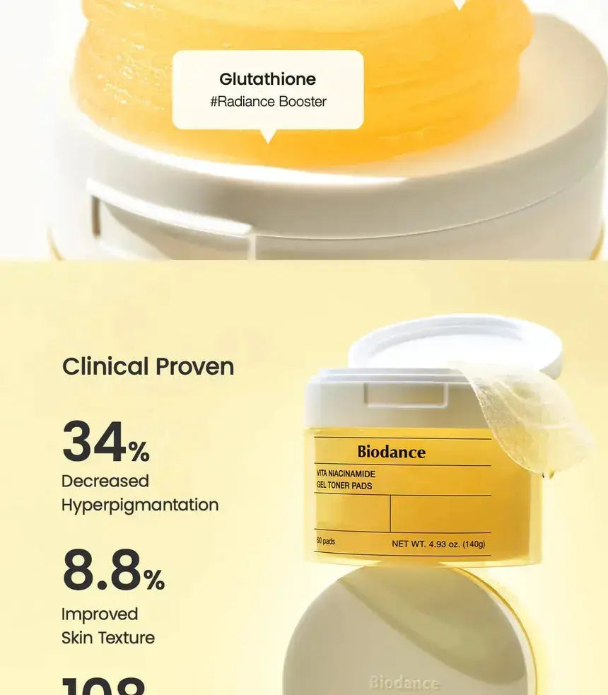 BIODANCE Vita Niacinamide Gel Toner Pads for skincare, showing a container of 60 nourishing toner pads on a white background.