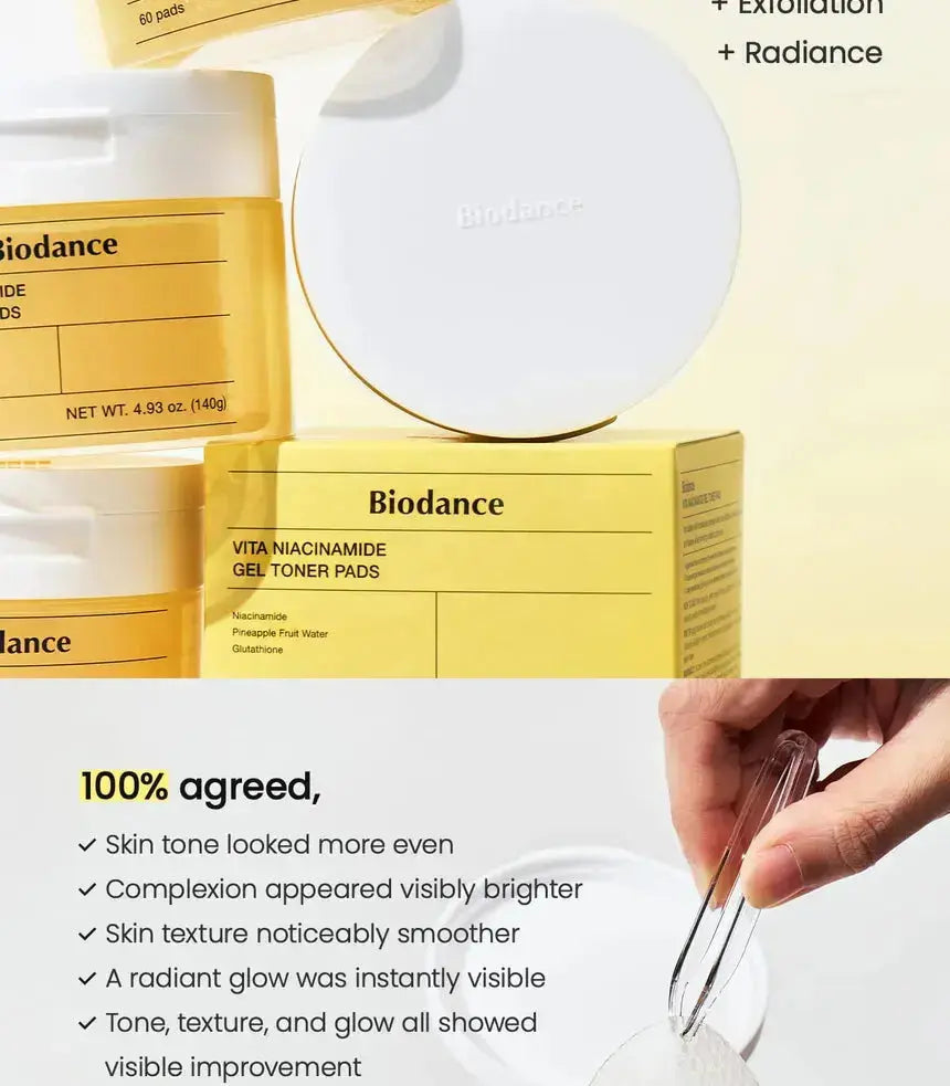 BIODANCE Vita Niacinamide Gel Toner Pads in a container with 60 pads, suitable for skincare and brightening.