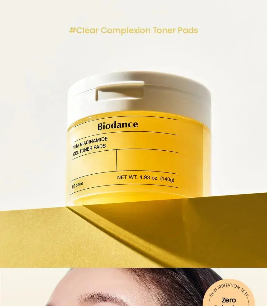 BIODANCE Vita Niacinamide Gel Toner Pads with 60 pre-soaked pads for skincare and pore refinement, featuring niacinamide and hydrating gel.